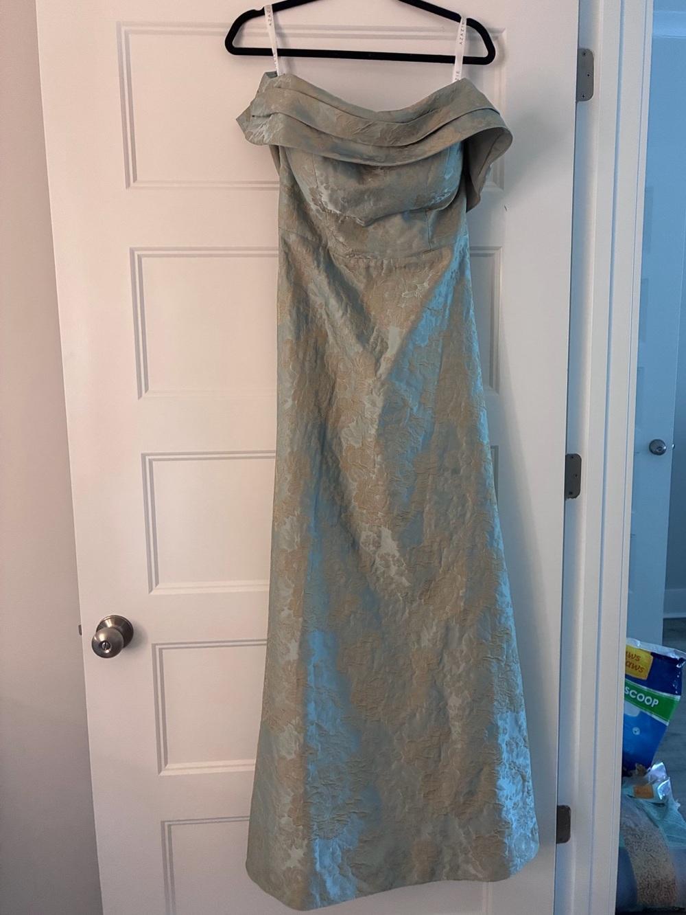 Azazie Strapless Jacquard Evening Gown in Pale Sage
